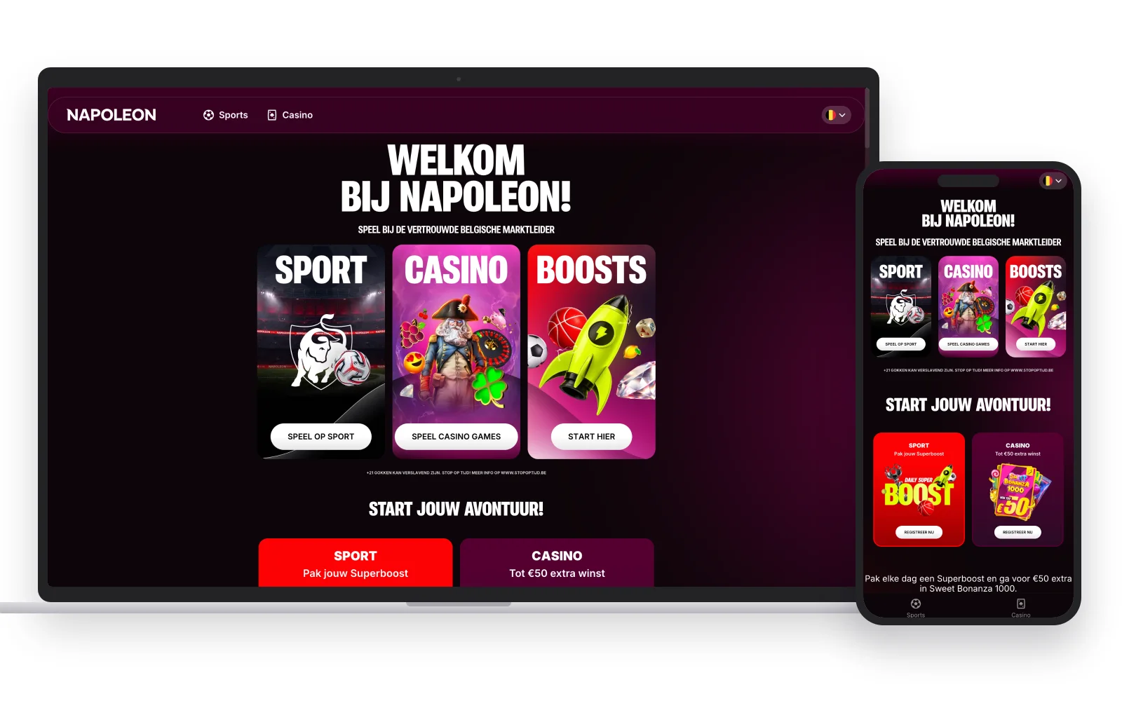 Startscherm van Napoleon met de keuze tussen sport, casino en boosts